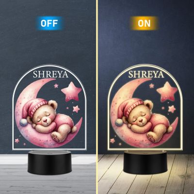 Personalized Sleeping Teddy on Moon Design, Custom with Name Warm White Light Kids Room Bedside Desk Table Lamp Return Gift for Kids